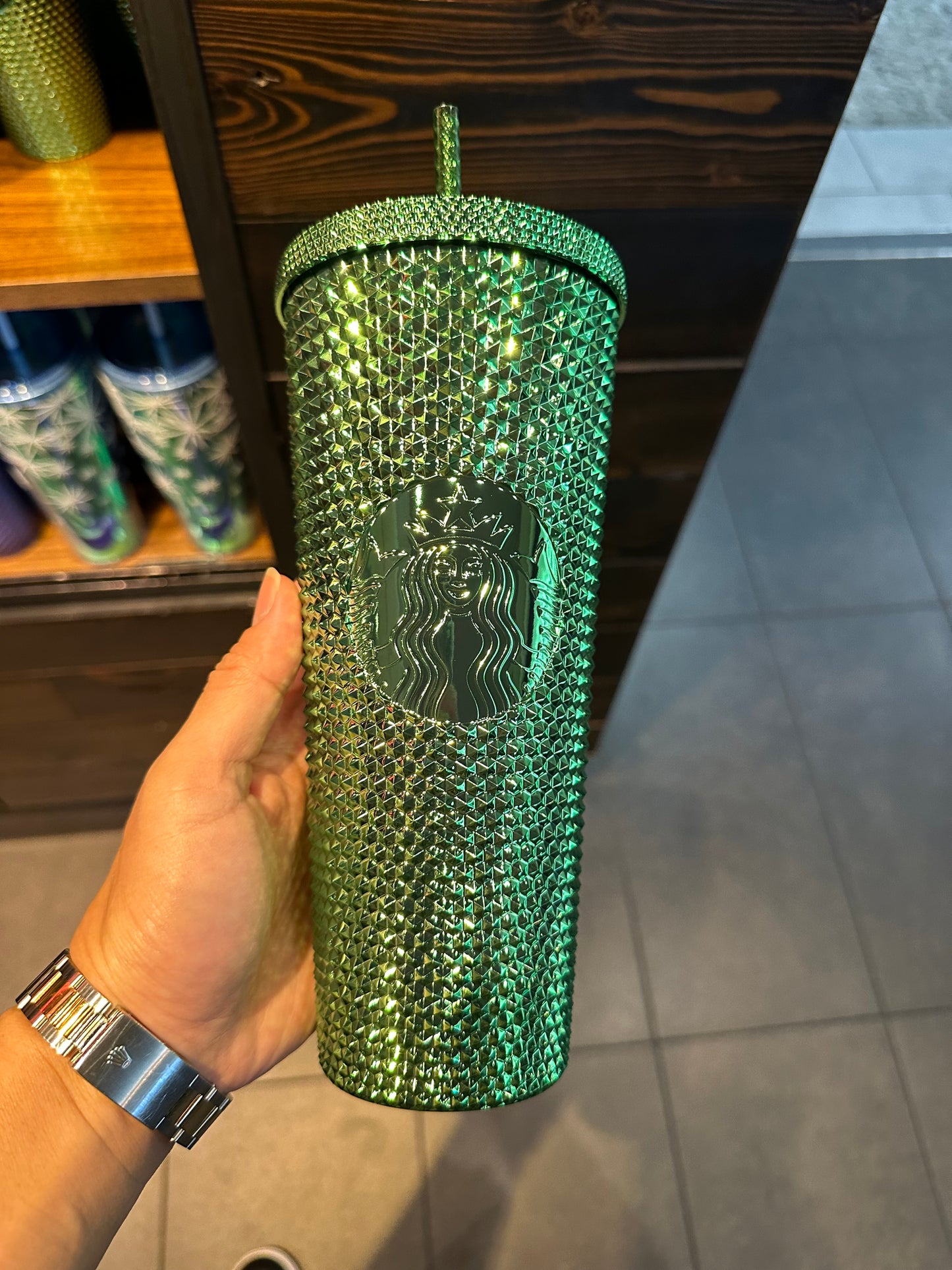 Starbucks Tumbler Green Chrome Studded - Holiday 2023 - Venti 24oz