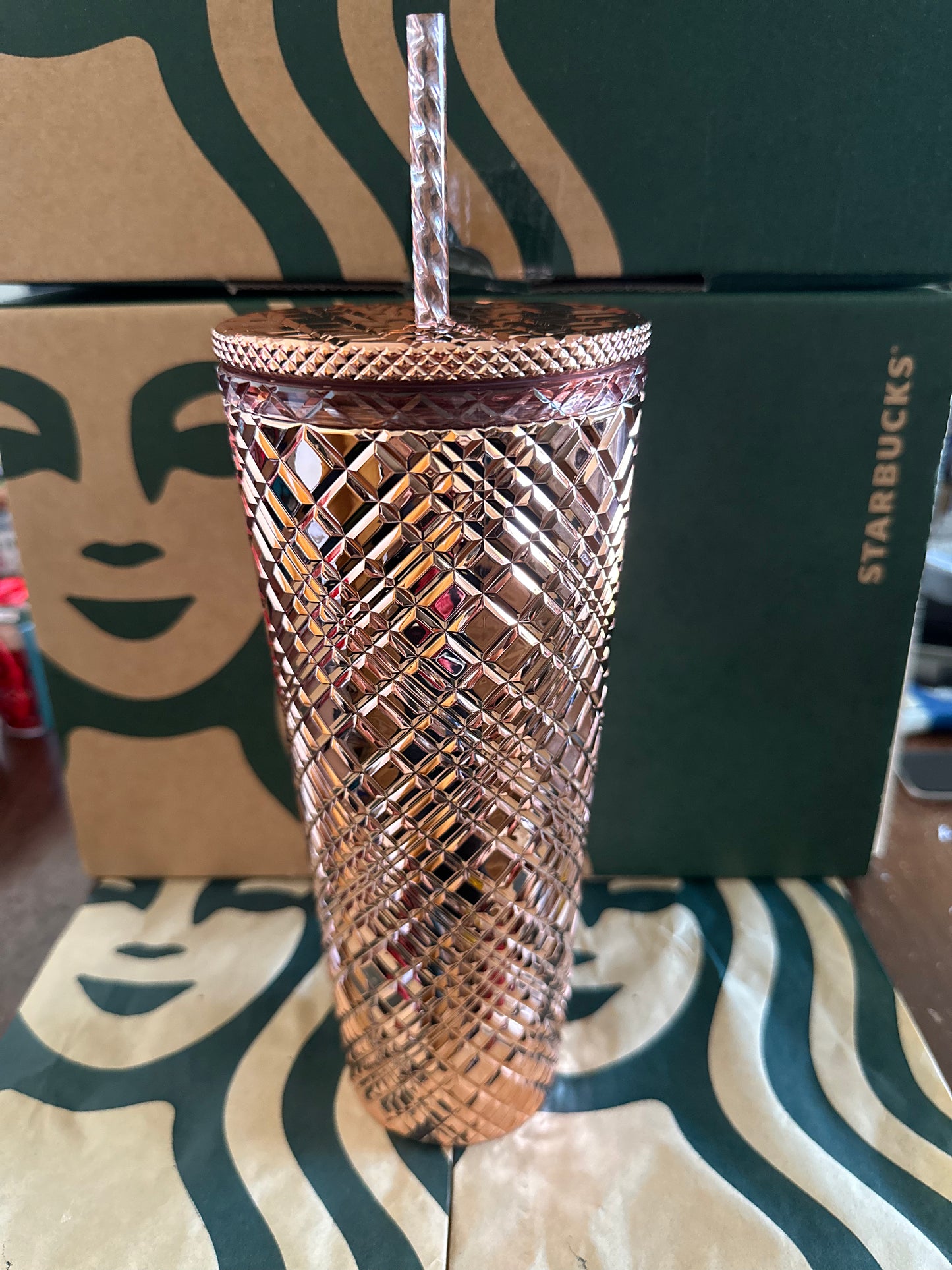 Starbucks Tumbler Chrome Rose Gold Jeweled - Holiday 2023 - Venti 24oz