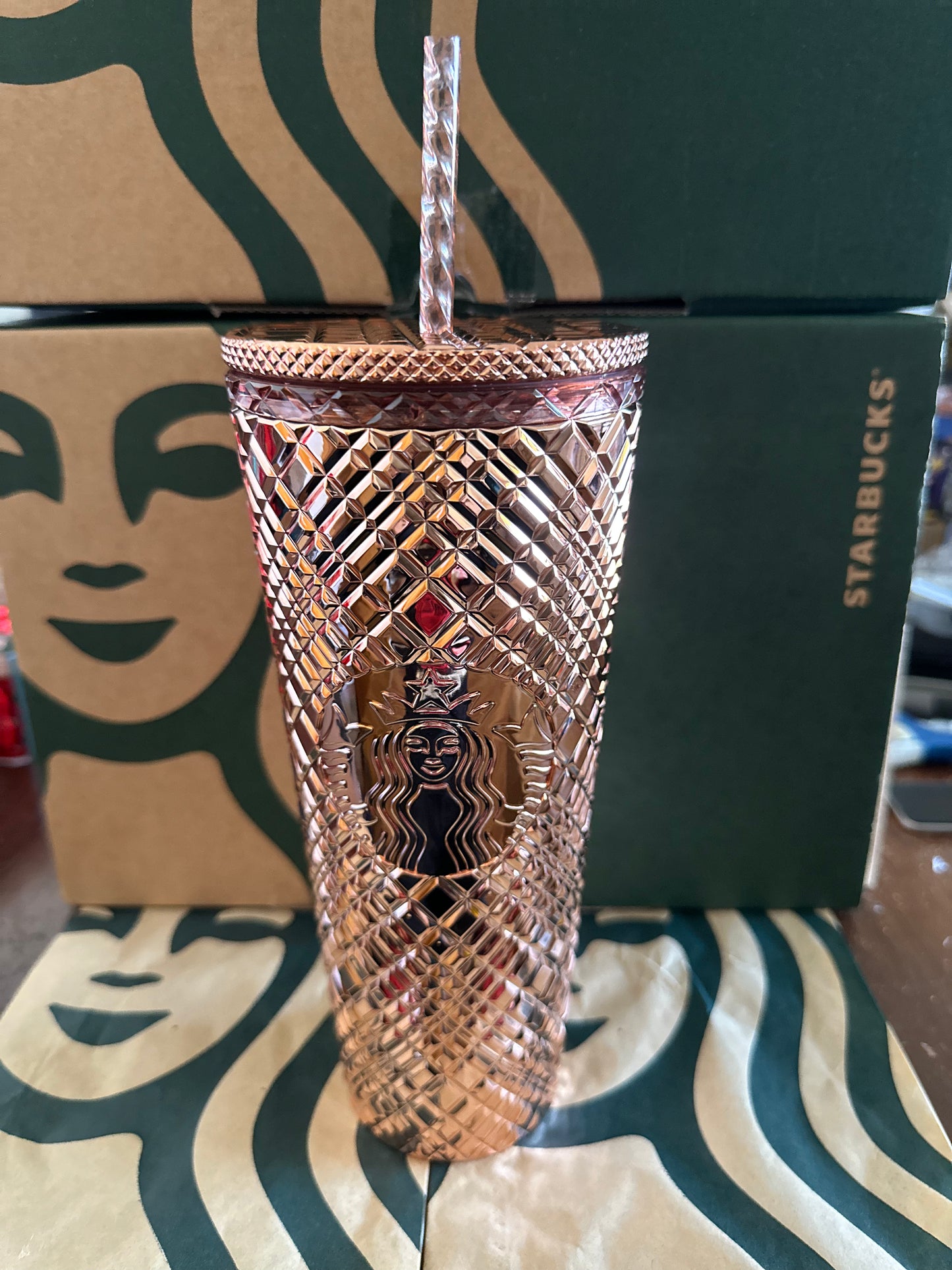 Starbucks Tumbler Chrome Rose Gold Jeweled - Holiday 2023 - Venti 24oz